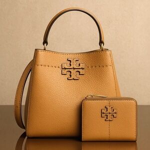 Tory Burch McGraw Tiramisu Tan Leather Small Bucket Tote/Crossbody Bag + Wallet